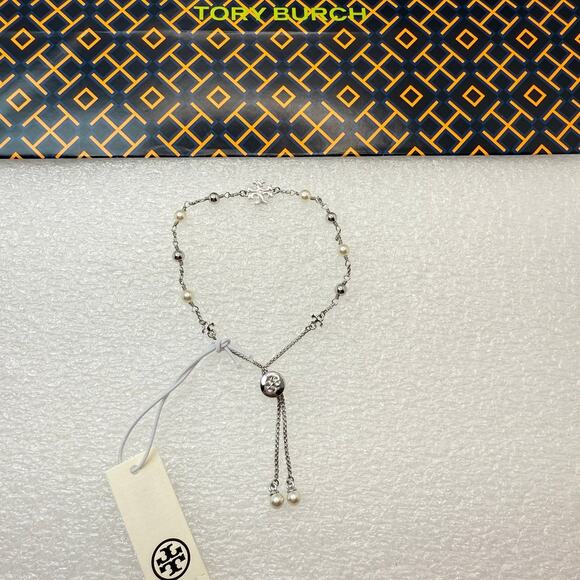Tory Burch Logo Pearl Beaded Slider 164147 IN Tory Silver/Pearl